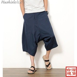 Hushisle夏日特選の529❥男生哈倫褲 夏天大碼七分褲 中國風男裝亞麻垮褲 夏天哈倫褲 寬褲闊腿褲亞麻褲男生褲子夏