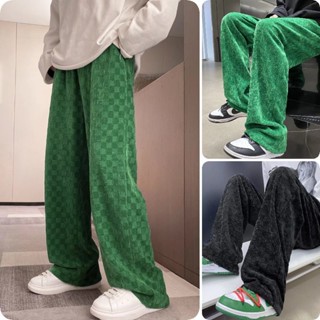 翡翠綠棋盤格褲 拖地褲 闊腿褲男【M-2XL】高街ins潮美式慵懶垂感拖地褲男 設計感小眾直筒長褲情侶褲子