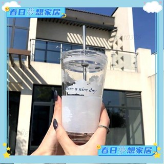 ♡臺灣出貨+發票♡韓國ins風玻璃杯 雲朵櫻花 450ML 加厚 吸管 玻璃杯 大容量水杯 玻璃♡推薦♡