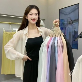 百搭襯衫 顯瘦上衣 休閒上衣 上班襯衫 女生襯衫 時尚襯衫亮閃閃的珠光紗雪紡長袖防曬衫女春夏寬鬆百搭襯衣外套空調衫薄款