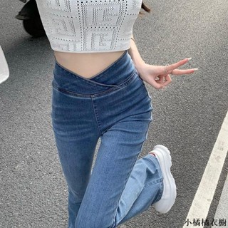 休閒好褲不對稱牛仔褲喇叭褲女牛仔牛仔褲褲子女 2022 高腰喇叭打底褲緊身復古熱銷韓版