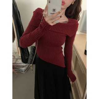 【Puffkten】韓版甜美一字領毛衣女 耶誕 過年 港風復古小眾緊身顯瘦打底衫 長袖上衣