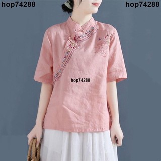 熱賣🔥M-3XL 2022 new刺繡棉麻襯衫女 復古短袖襯衫套頭立領盤扣中國風茶服上衣