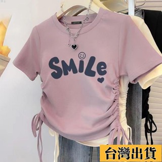 ⚡桃園低價免運【韓金】短袖上衣 正肩女學生t恤夏季女裝新款女士法式掐腰上衣抽繩短款甜辣短袖潮