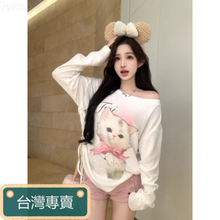 🦌鹿語🌵新品特價🌵純慾美式斜肩防曬罩衫秋季慵懶可愛貓咪長袖T恤寬鬆肩上辣妹上衣