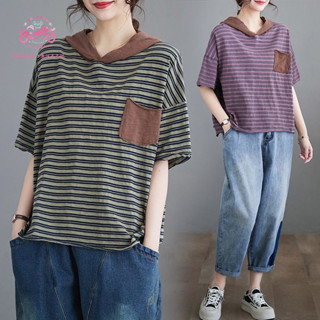 【XL~8XL】連帽拚色條紋純棉短袖T恤女夏季胖mm大碼顯瘦寬鬆休閒套頭衫上衣【元氣衣研所】
