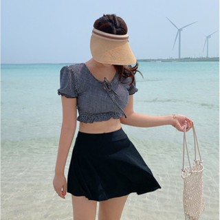 🔥熱銷特賣🔥日韓風保守三件式泳衣格紋分體泳衣多件式泳衣女保守型短裙式高腰泳裝學院風出國度假泡湯玩水比基尼