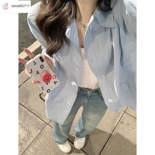 🔥臺灣出貨🔥TiTi💕【8.6萬人收藏】高階感藍色POLO領長袖襯衫外套女夏季寬松休閑開衫襯衣中長款上衣