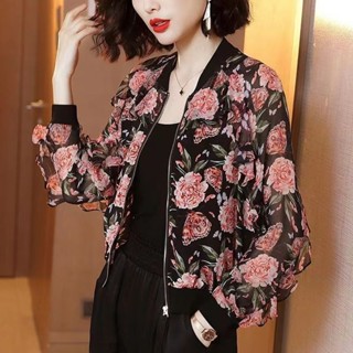 洋裝女式薄款雪紡防曬衣大碼短外套印花春夏寬鬆棒球服新款開衫上衣加大碼防曬外套