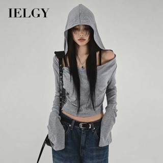 IELGY美式連帽長袖T恤女灰色露肩短上衣