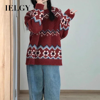 IELGY 復古酒紅色厚毛衣女寬鬆針織上衣