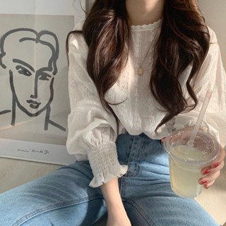 ✨夜夜生活館✨ 蕾絲上衣M-4XL實拍韓國ins甜美系少女設計感小眾蕾絲勾花燈籠長袖襯衫衣服女生衣著大尺碼上衣潮正韓上衣