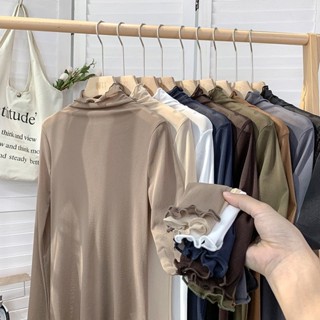 【🍒annie】M-4XL 透膚上衣大尺碼蕾絲網紗打底衫大碼百搭修身顯瘦堆堆領長袖透膚內搭疊穿上衣