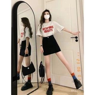 爆款熱賣❤2024流行穿搭一整套夏季新款女純棉上衣黑色牛仔短裙時尚兩件套裝 TDTV