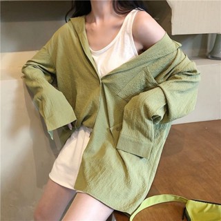 開衫 襯衫 女生上衣 夏裝新款透氣雪紡開衫防曬外套女潮ins襯衫韓版寬松薄襯衣大尺碼女裝 長袖襯衫 薄外套 襯衫女