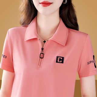 臺灣現貨 夏季新款拉鏈翻領短袖T恤女修身顯瘦媽媽半袖polo衫運動休閒上衣休閒拉鏈POLO衫|中年短袖上衣|印花運動上衣