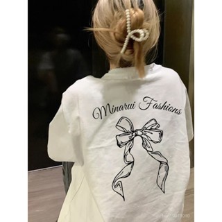 100%純棉白色蝴蝶結短袖T恤女夏季寬鬆美式複古設計感小眾上衣潮