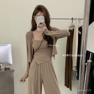 💛限時下殺💛慵懶風套裝女 減齡防曬開衫上衣 吊帶 闊腿褲裙 三件套 小可愛 冰絲開衫 防曬罩衫 兩件式 雪紡罩衫 薄款