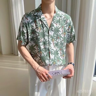 爆款熱賣❤輕熟風夏季新款短袖古巴領寬鬆落肩襯衫男夏威夷風冰絲垂感花襯衣 84ZB