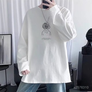 爆款熱賣❤美式複古t恤長袖男秋季簡約內搭上衣重磅潮牌寬鬆印花白色打底衫 XCKE