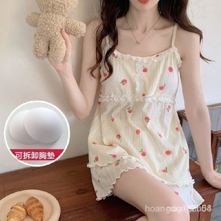 【臺灣出貨】夏季睡衣 吊帶睡衣 胸墊睡衣 涼感睡衣 女生睡衣 細肩帶睡衣 可愛睡衣 棉質 睡衣女 帶胸墊睡衣 居家服套裝