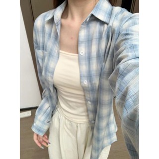 小可家藍色格子防曬襯衫外套女夏季設計感小眾薄款襯衣開衫休閒寬鬆上衣 夏季外套 防曬外套 透氣外套 夏天外套女 薄款外套