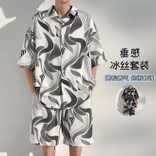 臺灣出貨痞帥度假垂感冰絲男士夏季套裝沙灘褲輕熟大碼短袖襯衫短褲居家服 夏季套裝 冰絲套裝 男生套裝 日係套裝