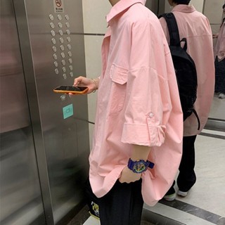 臺灣出貨DIKING日係粉色襯衫男夏季美式複古七分袖襯衣小眾設計感工裝外套 夏季襯衫 男生襯衫 透氣襯衫 防曬襯衫 韓係