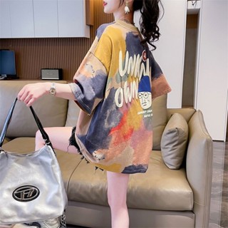 ♥♥臺灣限時低價♥♥純棉短袖T恤女中長款夏裝新款多彩扎染設計大碼寬松慵懶上衣ins潮