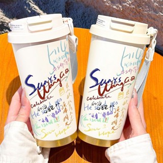 2025潮牌塗鴉保溫杯男女生戶外運動水杯316不銹鋼吸管咖啡杯學生