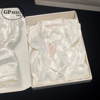 嚴選GP Seeu真絲睡衣女長袖春秋款網紅風格子送閨蜜家居服禮盒套裝創新