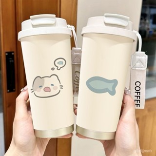 【臺灣出貨】不鏽鋼保溫杯 環保杯 飲料杯 隨行杯 瞌睡小貓咖啡保溫杯大容量吸管水杯便攜隨行杯子男女學生運動車載 HQZ