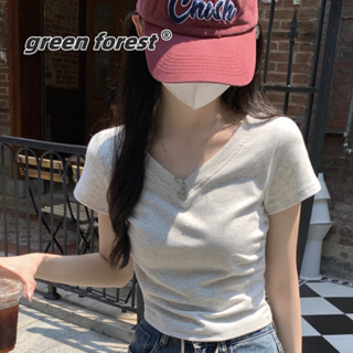 [Green Forest]2025純棉純慾短款上衣夏季V領正肩短袖T恤女辣妹修身下擺收腰顯瘦