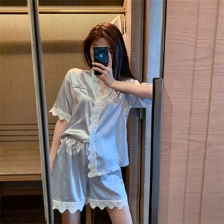 𝑩𝑮 簡約ins高階感睡衣女 韓版新款睡衣套裝女 夏季冰絲睡衣 花邊短袖短褲兩件式睡衣套裝 居家服 女裝