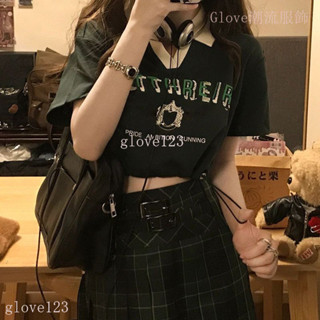 🌷臺灣出貨🌷Glove 美式複古 POLO領 短袖T恤女 設計感 小眾夏季 ins辣妹 收腰露臍 短款上衣 短版上衣
