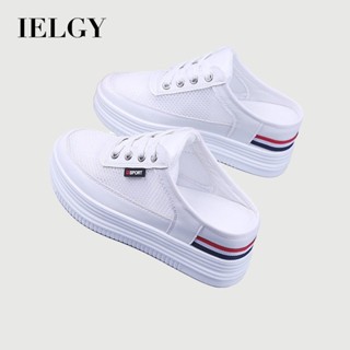 IELGY 黑色鏤空透氣一腳蹬內增高半拖鞋平底厚底網面鞋女