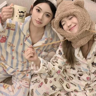 日韓秋冬季卡通珊瑚絨睡衣開衫法蘭絨家居服女