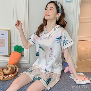 【臺灣出貨】仿絲綢睡衣 V領睡衣 冰絲睡衣 涼感睡衣 女生睡衣 夏天睡衣 短袖睡衣女 家居服 女睡衣 睡衣套裝 居家服