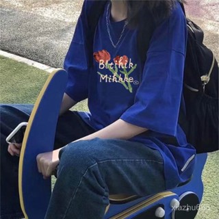 🌸100%純棉網紅別緻鬱金香短袖克萊因藍T恤 2025夏學生港風半袖上衣 寬鬆短袖 原宿風上衣 寬鬆大碼百搭T恤