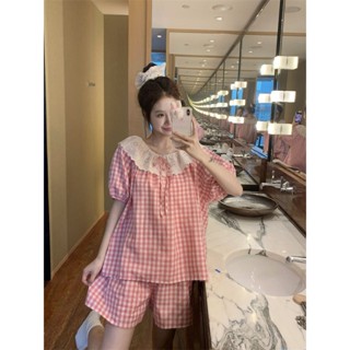 【臺灣出貨】韓版ins甜美格子娃娃領棉麻睡衣女夏短袖蕾絲花邊寬鬆家居服套裝