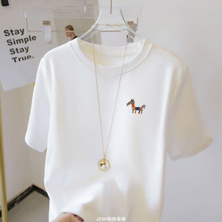 刺繡短袖 t桖女上衣 刺繡小馬純棉白色短袖t恤女 學生大碼寬松百搭情侶裝男女