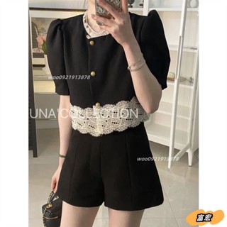韓國夏季設計感復古蕾絲邊拼接襯衫短款時尚氣質上衣woo0921913878