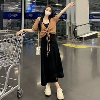 （免運）女裝-潮流館冷淡風綁帶上衣顯瘦吊帶長裙開叉掛脖式連衣裙兩件套裝女外搭開衫