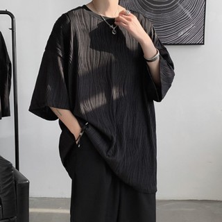 1號倉庫短袖T恤男 大碼上衣男士 夏季男生衣服 夏季高階波浪紋冰絲男t恤寬松韓版短袖五分ins港風潮流半袖上衣潮