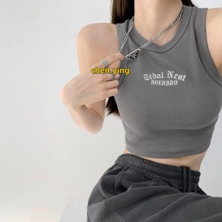 【桃園發貨】歐美辣妹風字母刺繡無袖背心t恤女夏季新款修身短款露臍打底上衣