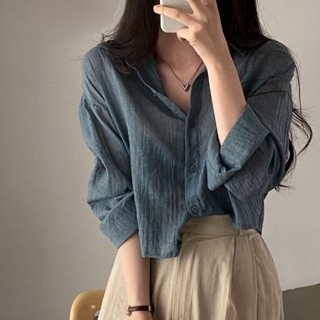 優質~韓版短款長袖襯衫女夏季冷淡韓系高階感寬松chic防曬衫空調上衣外套式防曬外套