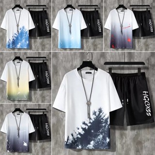 【XIU】☪短袖套裝男 男士漸變套裝 運動套裝男生M-5XL春秋2件套裝男士圓領上衣潮流青