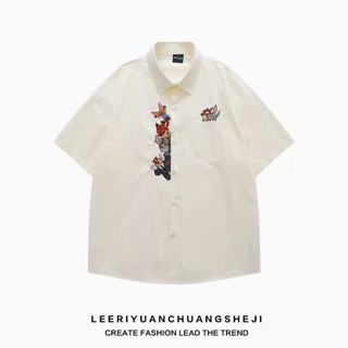 [Heart 心跳]短袖襯衫 可愛卡通刺繡短袖襯衫男女夏季寬鬆學院風 情侶衕款襯衣 夏季女裝 短袖襯衫