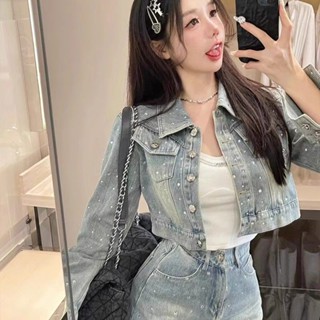 【春夏上新】牛仔兩件式 日係穿搭 韓版重工燙鑽牛仔套裝女春秋設計感氣質短款外套+裙褲兩件套休閒女生裝 修身顯瘦 海邊套裝