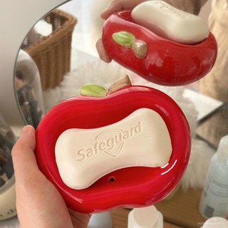 💖 爆款💖 精品創意陶瓷蘋果造型肥皂盒衛生間洗漱臺可瀝水不積水家用肥皂置物架肥皂盒 香皂盒 置物架瀝水皂碟 收00